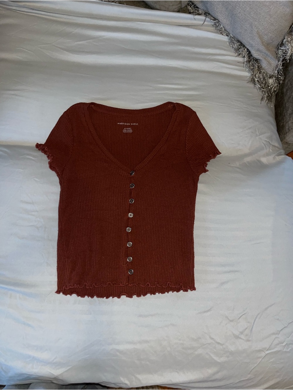 American Eagle Outfitters Rust Button-Front Ribbed Crop Top